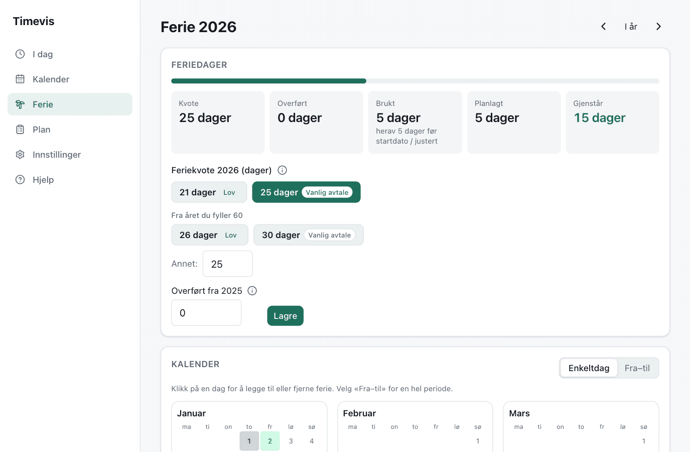 Timevis: feriedager med kvote, brukt, planlagt og gjenstående